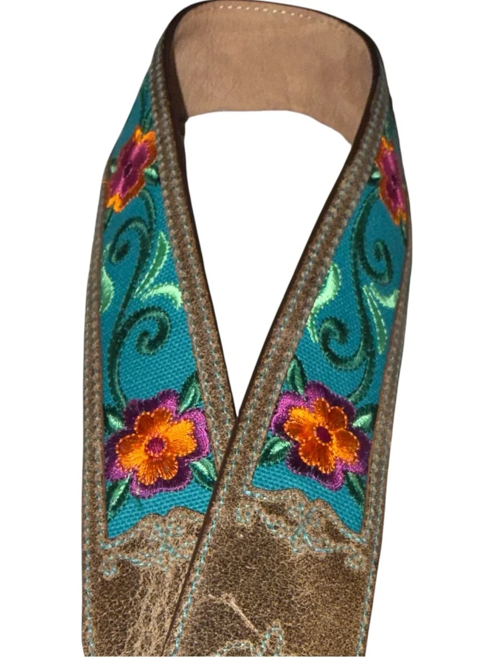 Justin  brown leather western belt teal cowgirl embroidered floral Sz 30